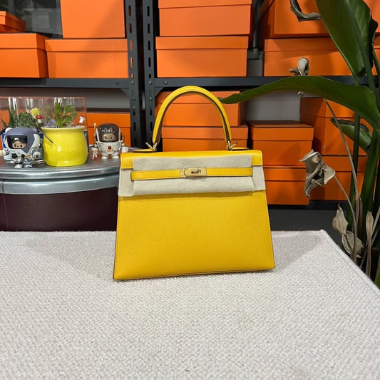Hermes Kelly 25 jaune Ambre yellow with Epsom Leather and gold hardware