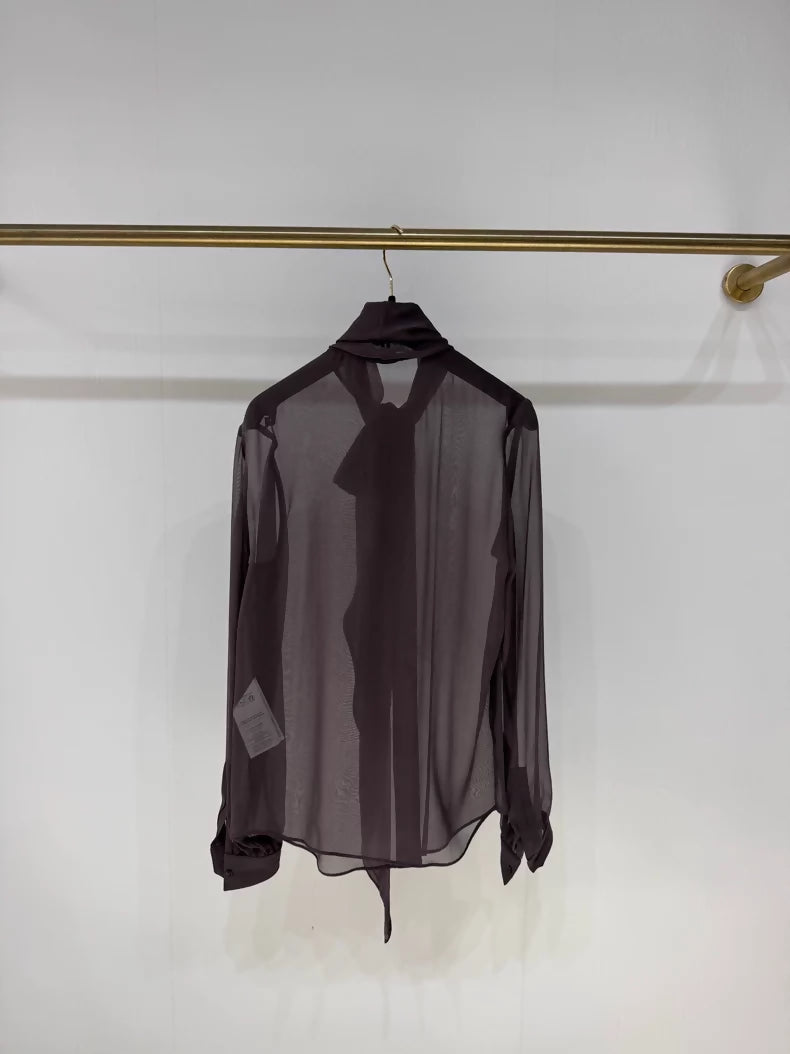 Saint Laurent 2024 Fall/Winter Silk Sheer Long-Sleeved Shirt with Ribbon,