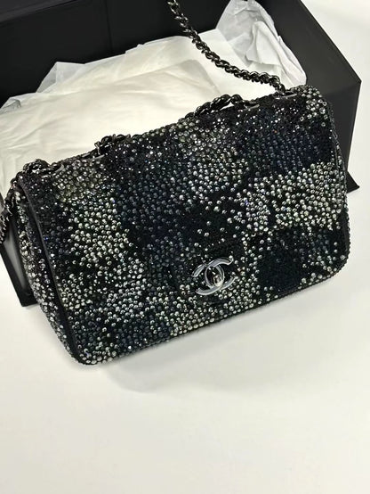 Chanel 22C black & silver full rhinestones Mini CF Shoulder Bag