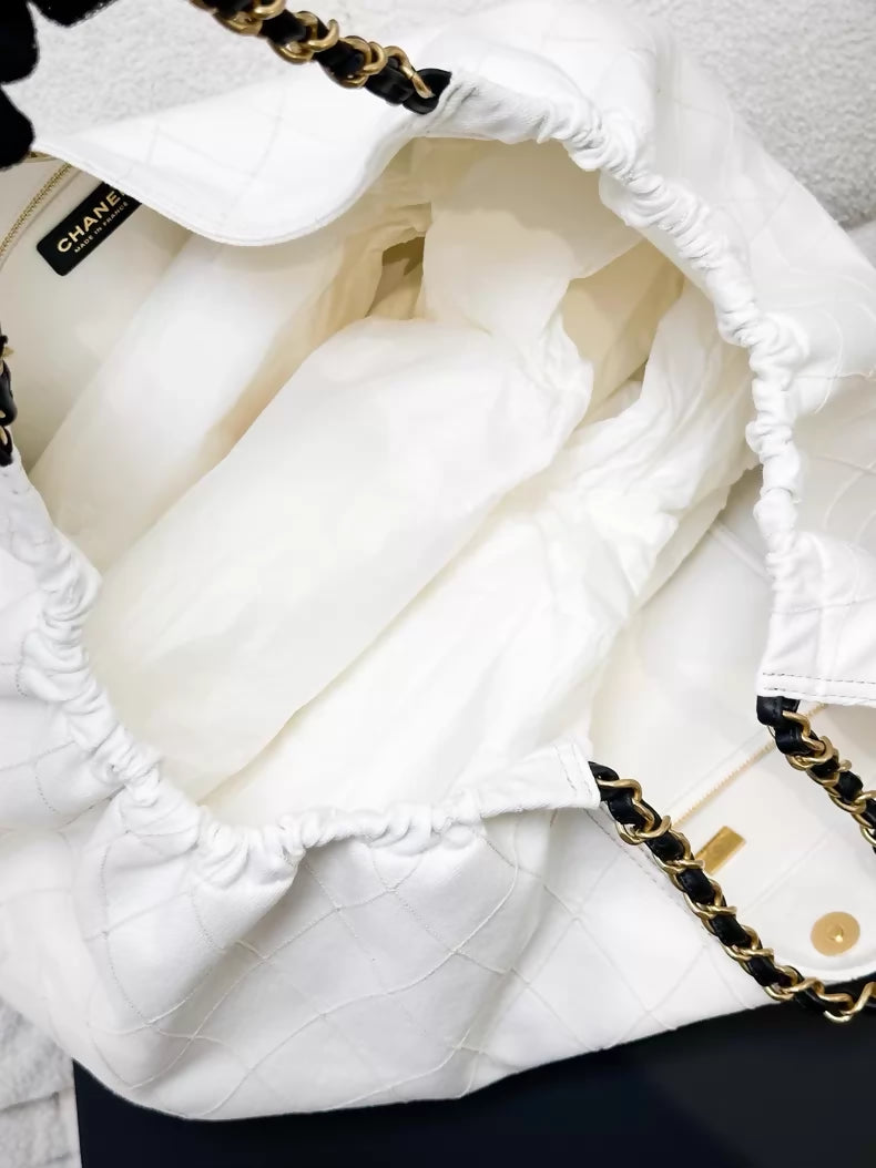 Chanel 26M black and white denim tote bag with double C logo