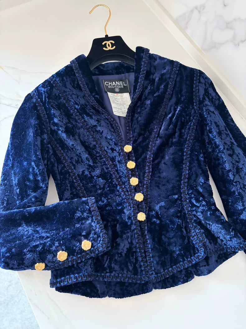 Chanel 93 Blue Velvet Gold Button Jacket
