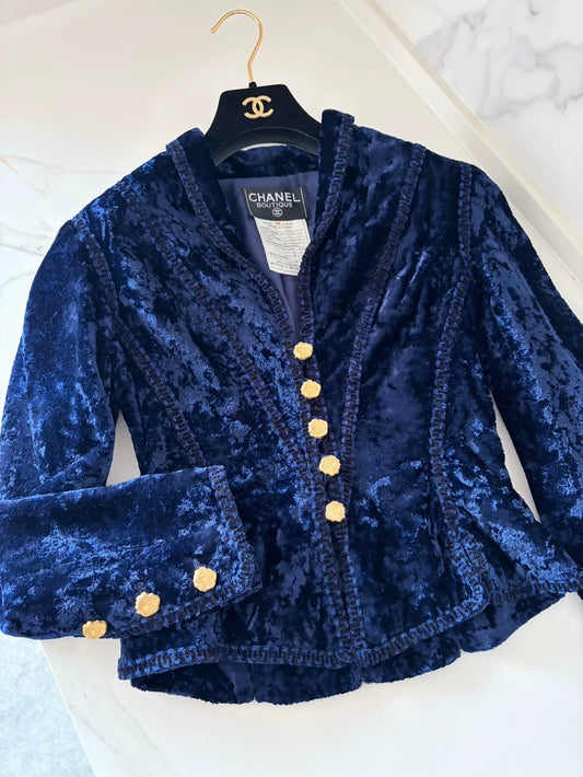Chanel 93 Blue Velvet Gold Button Jacket