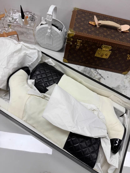 Chanel black and white quilted leather velvet high-heeled knee-high boots