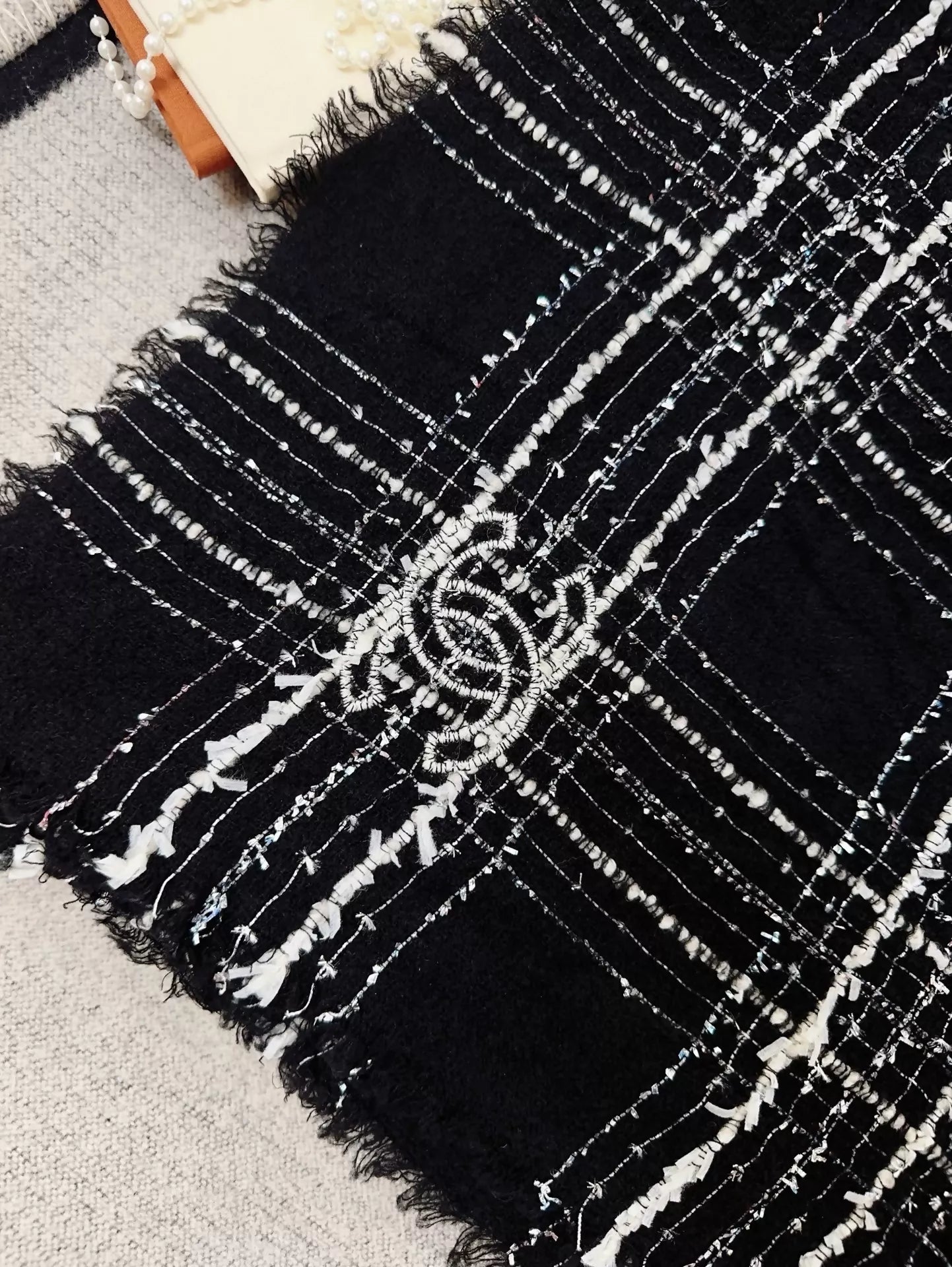 Chanel 23B black and white check tweed  scarf