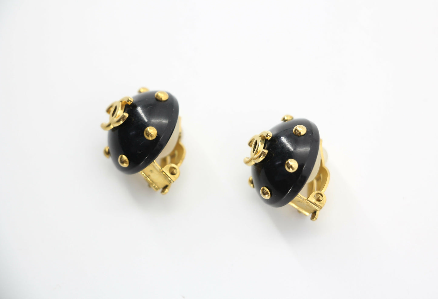 Chanel Vintage 96C Resin Black and Gold Polka Dot Clip-on Earrings