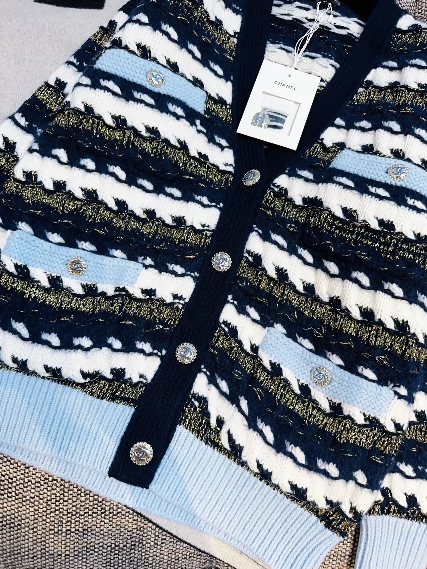 CHANEL 22b blue and white striped cardigan