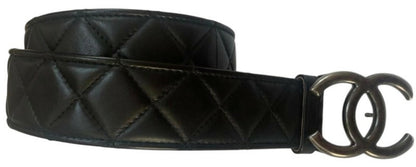 Chanel 10A Black Quilted Lambskin Ruthenium Silver CC Logo Belt 90/36