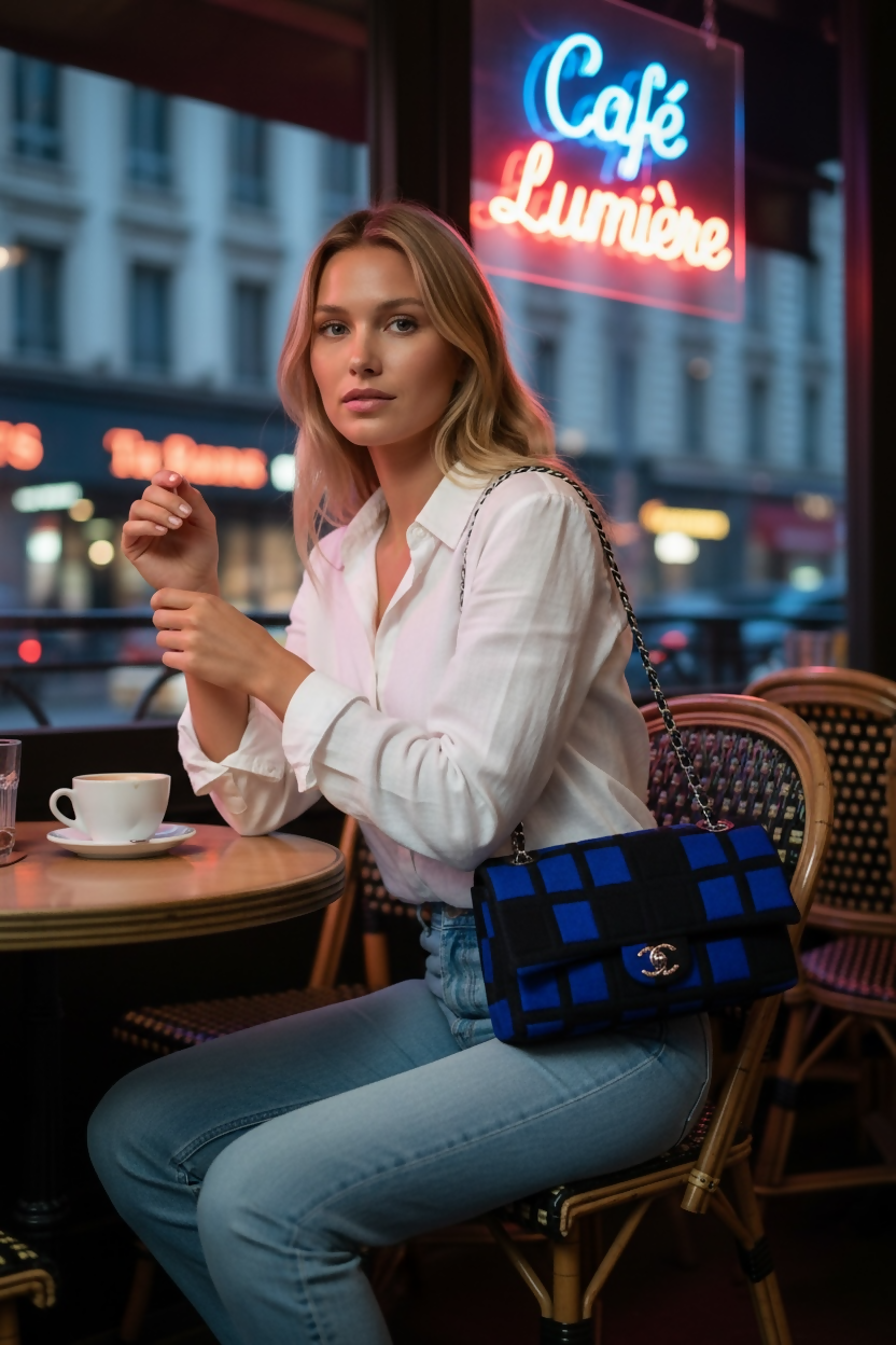 Chanel 13P Runway Blue Black Jersey Classic Medium Single Flap Bag SHW