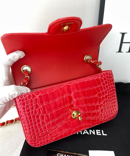 CHANEL Red Shiny Alligator Classic Mini Flap Bag with Gold Hardware