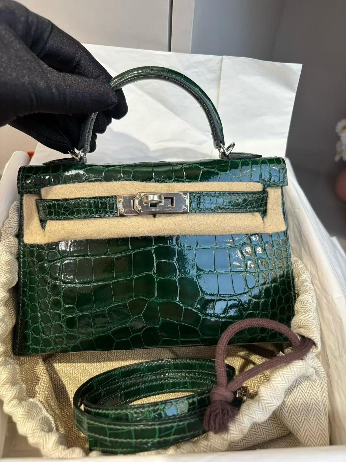 Hermes Mini Kelly 20 Green Emerald Shiny Crocodile Leather Palladium Hardware