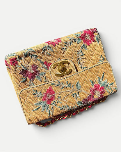 Chanel 1995 Raffia Jumbo flap bag with Red/Green/Gold embroidery and gold hardware red leather chain