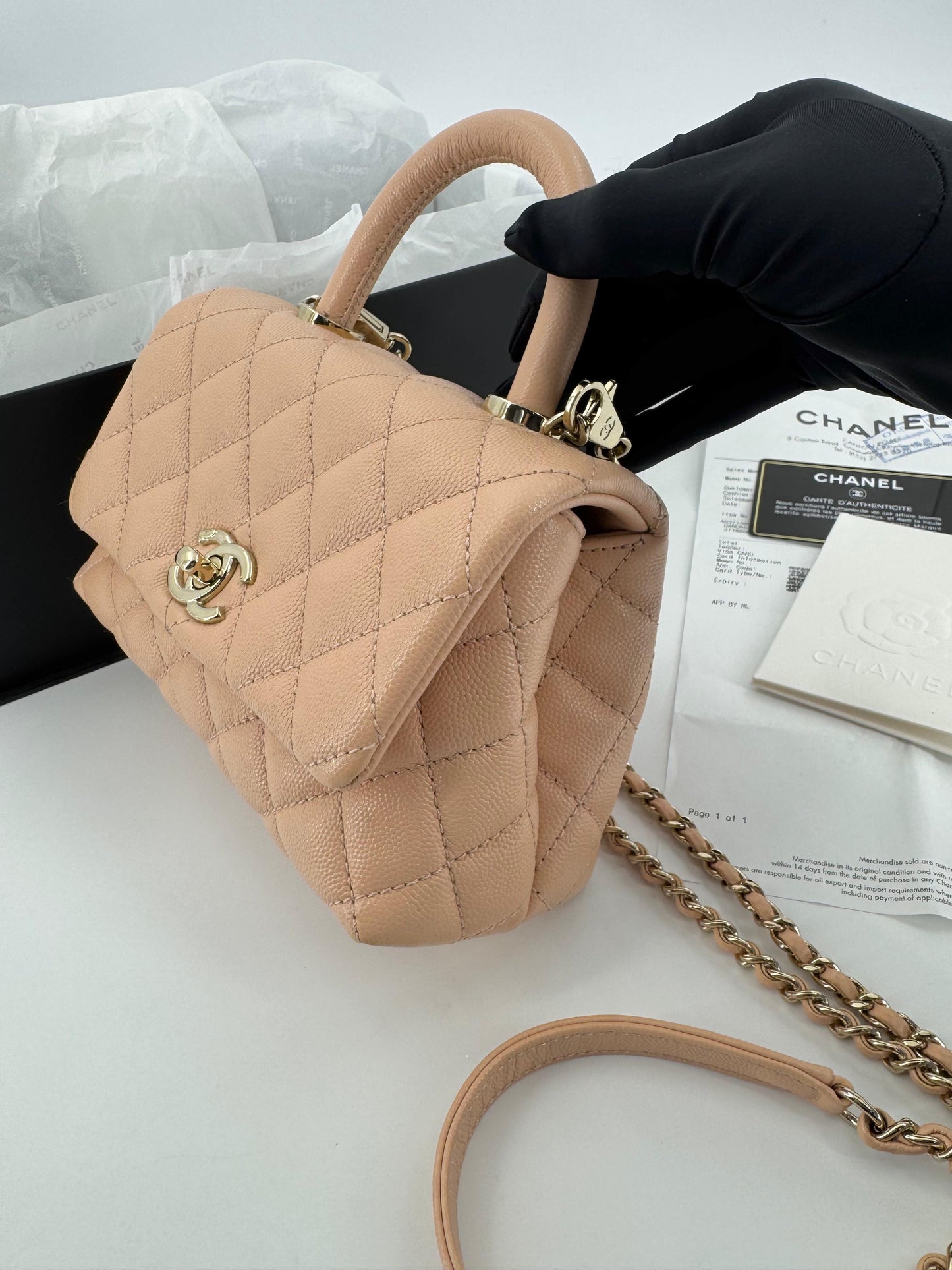 Chanel peach grained leather mini coco handle with light gold hardware