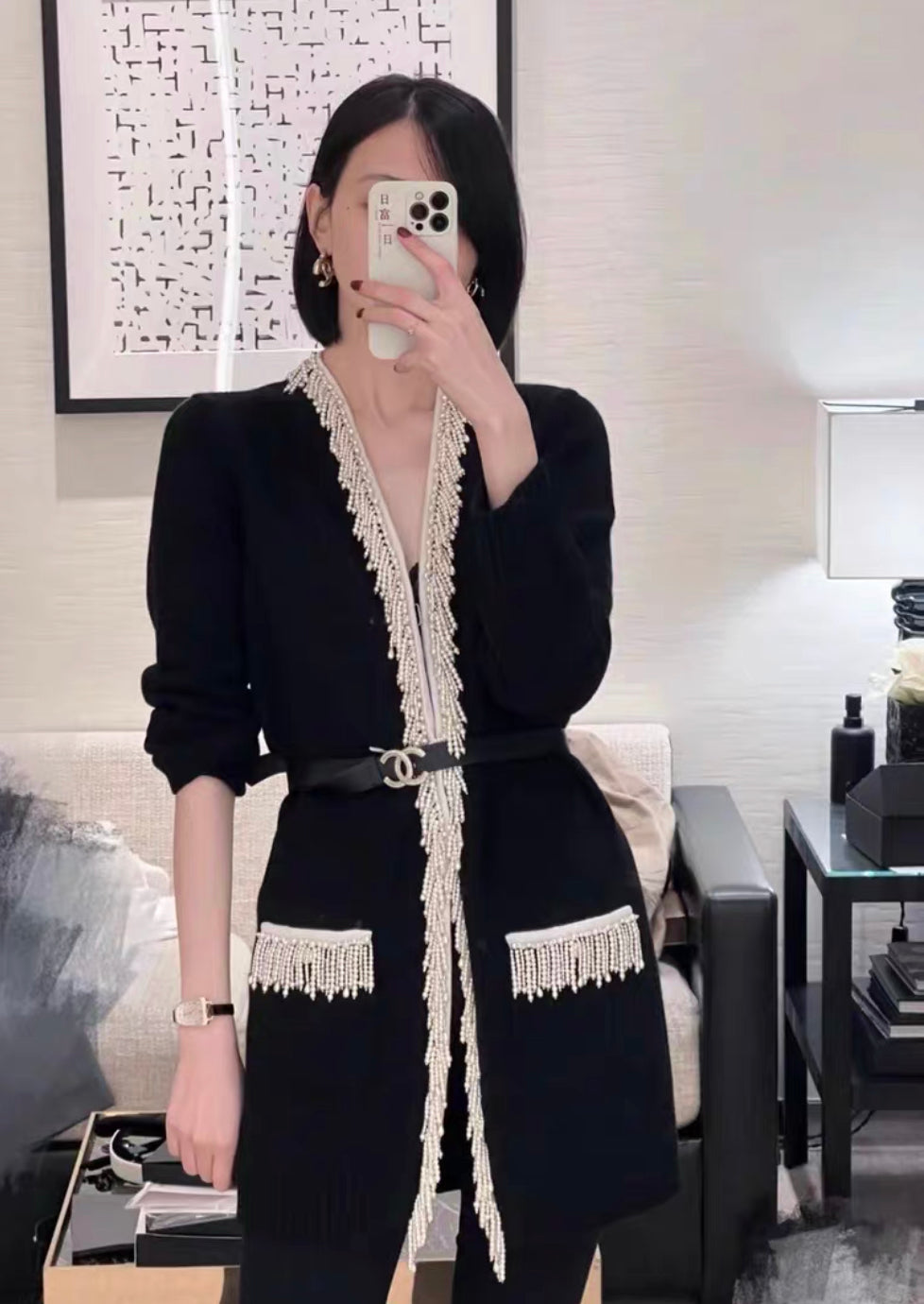 Chanel 21k Black & Ecru Cardigan with Pearl fringe size 36