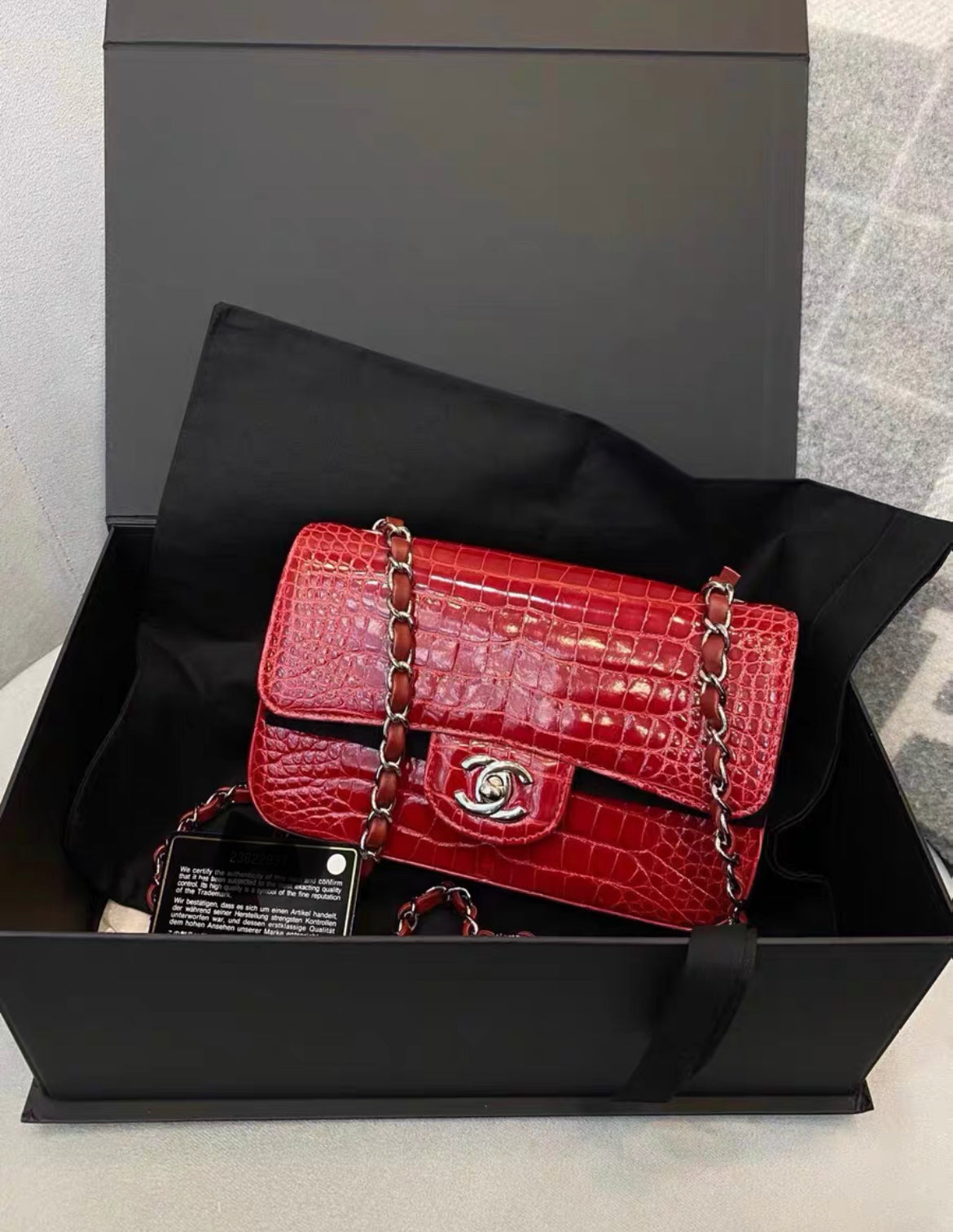 CHANEL Red Shiny Alligator Classic Mini Flap Bag with Silver Hardware