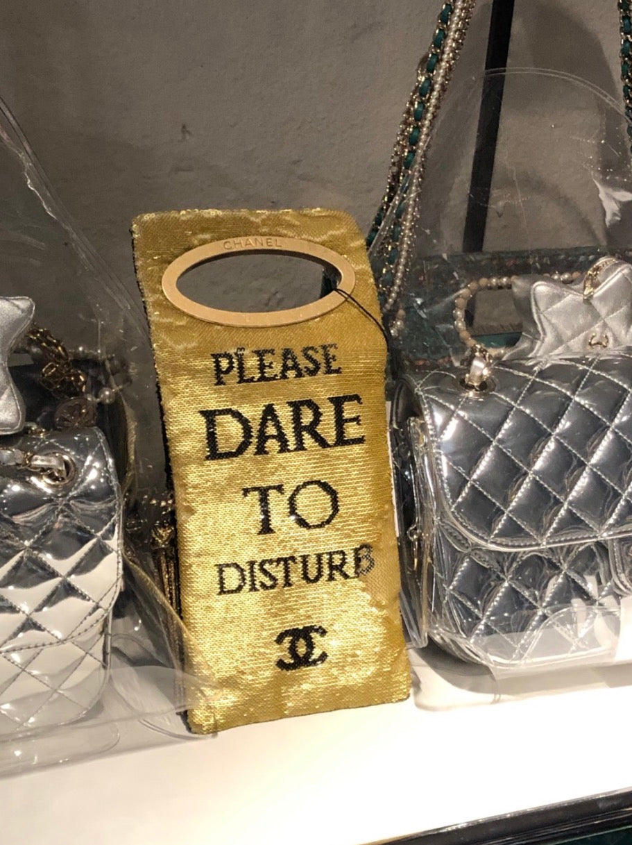 Chanel 2017 Black and Gold Sequin Paris-Cosmopolite Do Not Disturb Minaudiere Clutch Gold Hardware