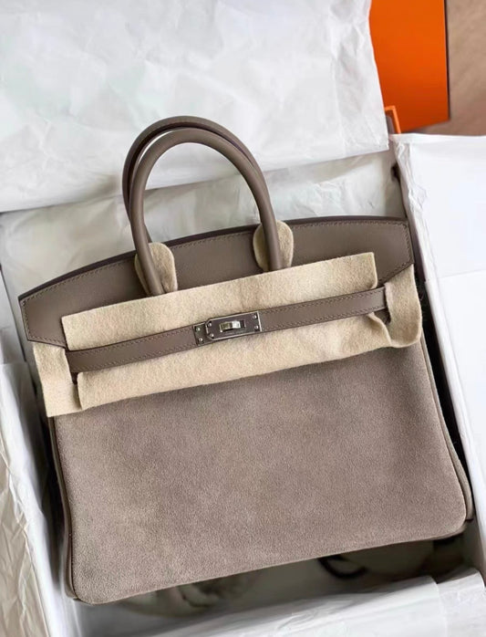 Hermes Birkin 25 Grizzly Suede Gris Caillou Swift Palladium Hardware