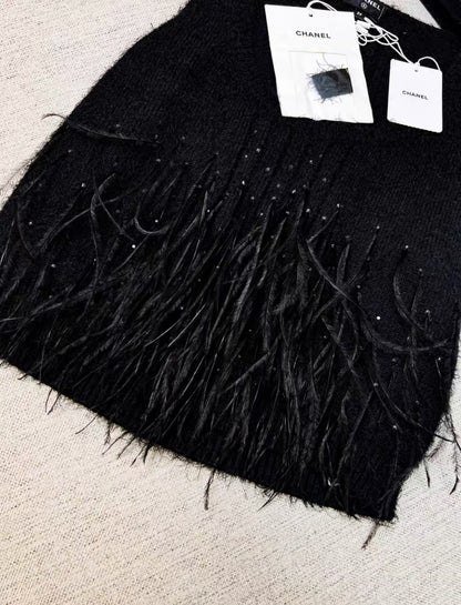 Chanel 25S black feather top