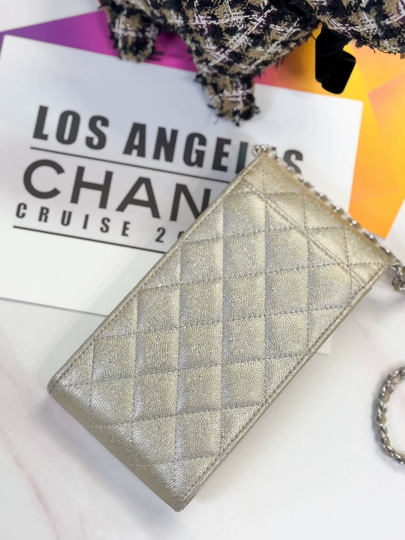 Chanel 21K gold iridescent leather quilted phone chain bag