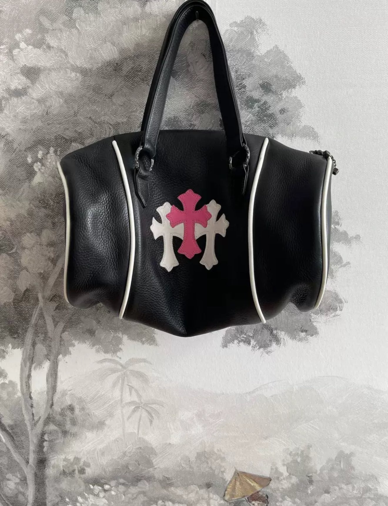 Chrome Hearts White & Pink Cem Cross Domino Duffle Bag