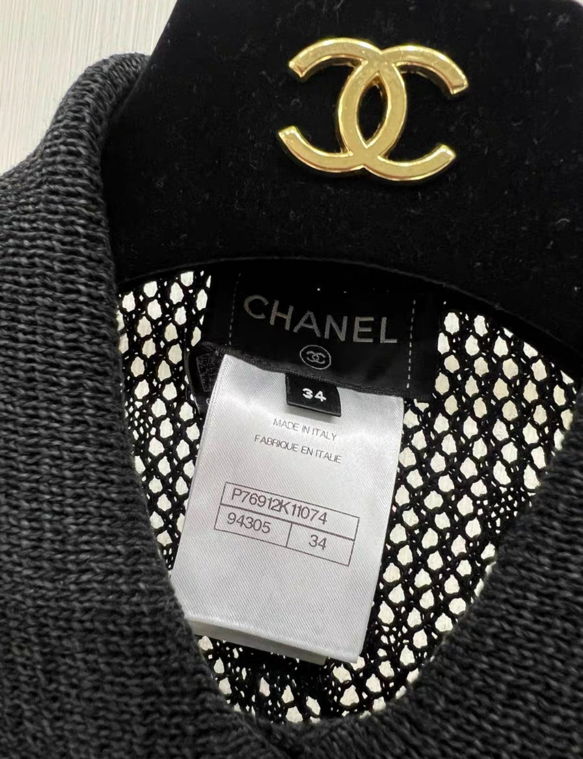 Chanel 24P black bow patchwork diamond CC button cardigan