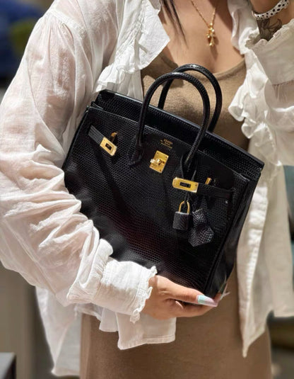 HERMÈS BIRKIN 25 SELLIER BLACK SHINY LIZARD GOLD HARDWARE