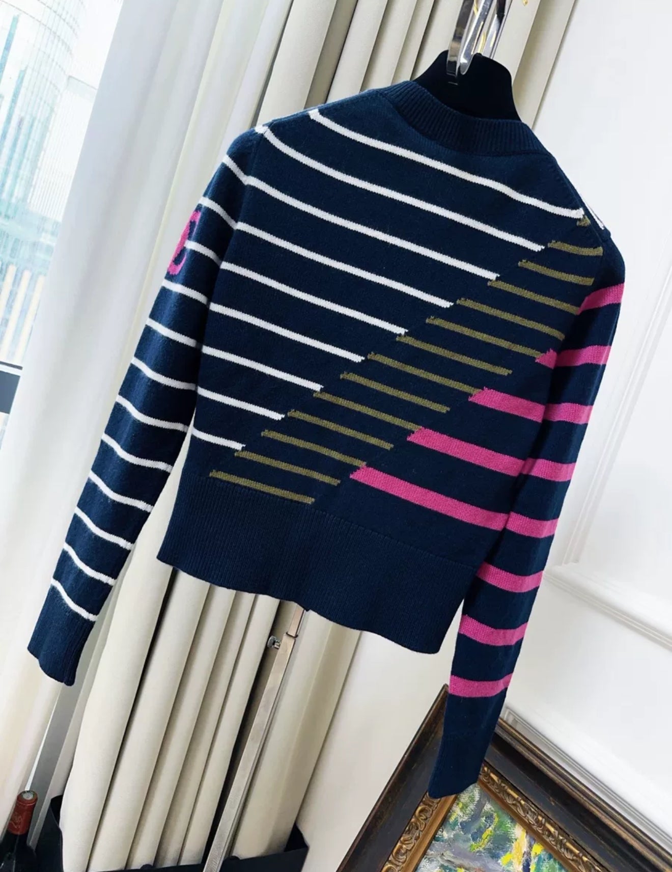 Chanel 20C Station Navy Blue Patched Striped Knitted Cardigan Jacket