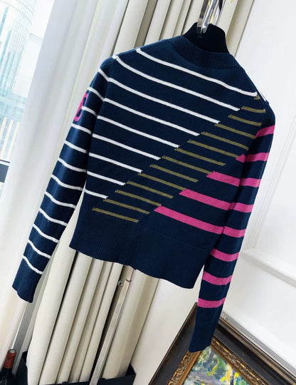 Chanel 20C Station Navy Blue Patched Striped Knitted Cardigan Jacket