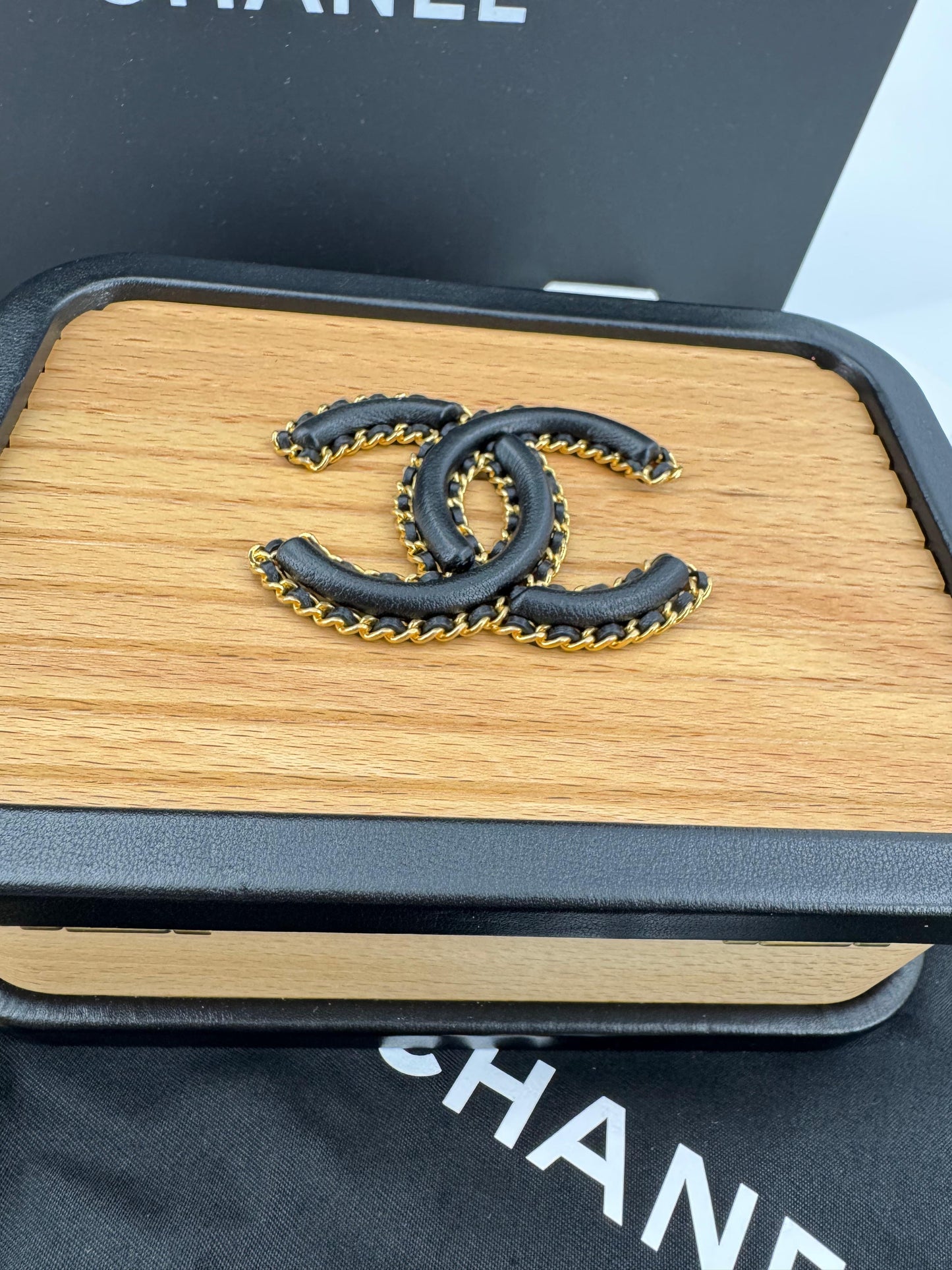 Chanel 2022 Beech Wood and Black Lambskin CC Vanity Case Brushed Gold Hardware