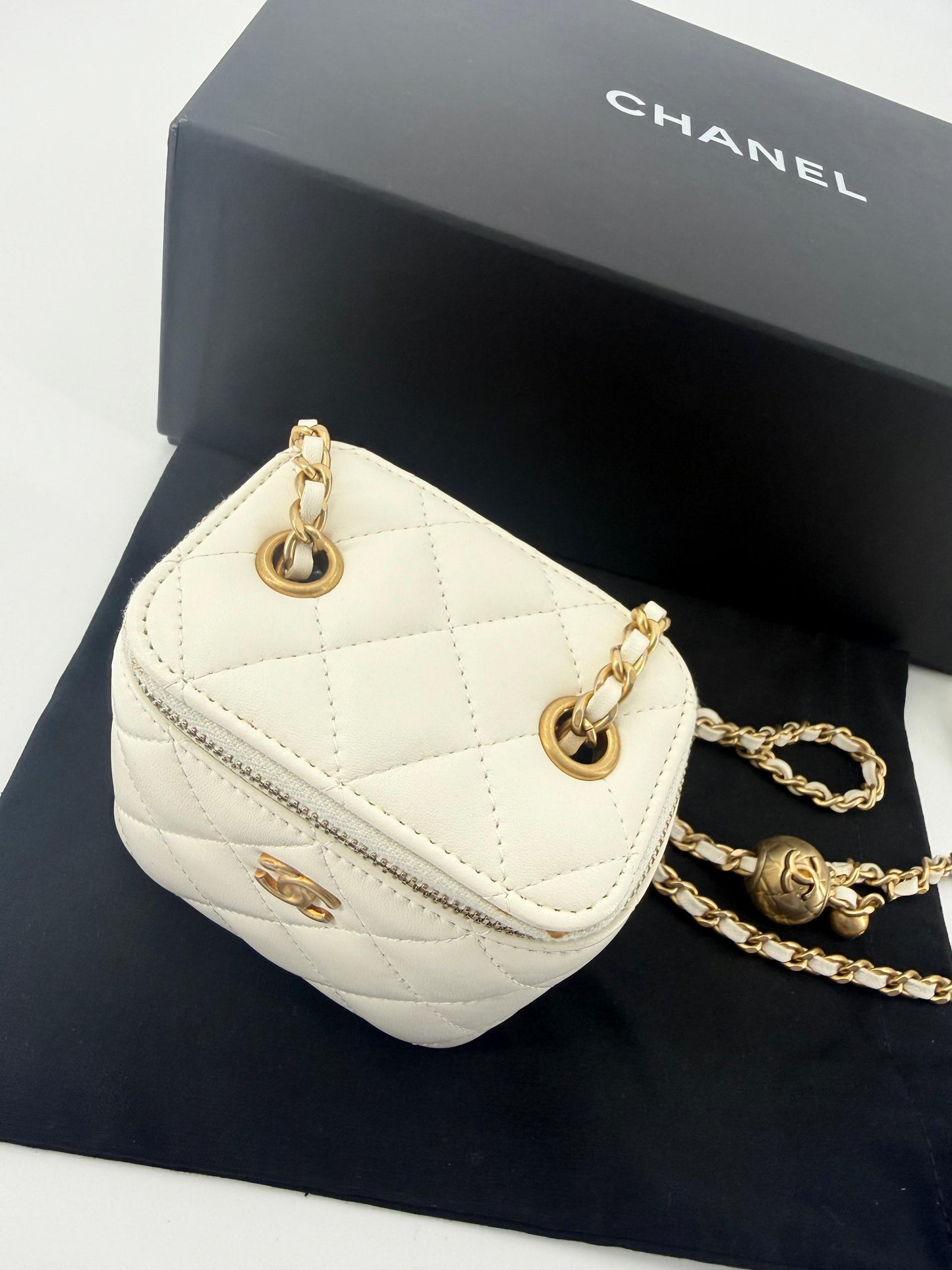 Chanel ecru mini vanity case gold chain hardware