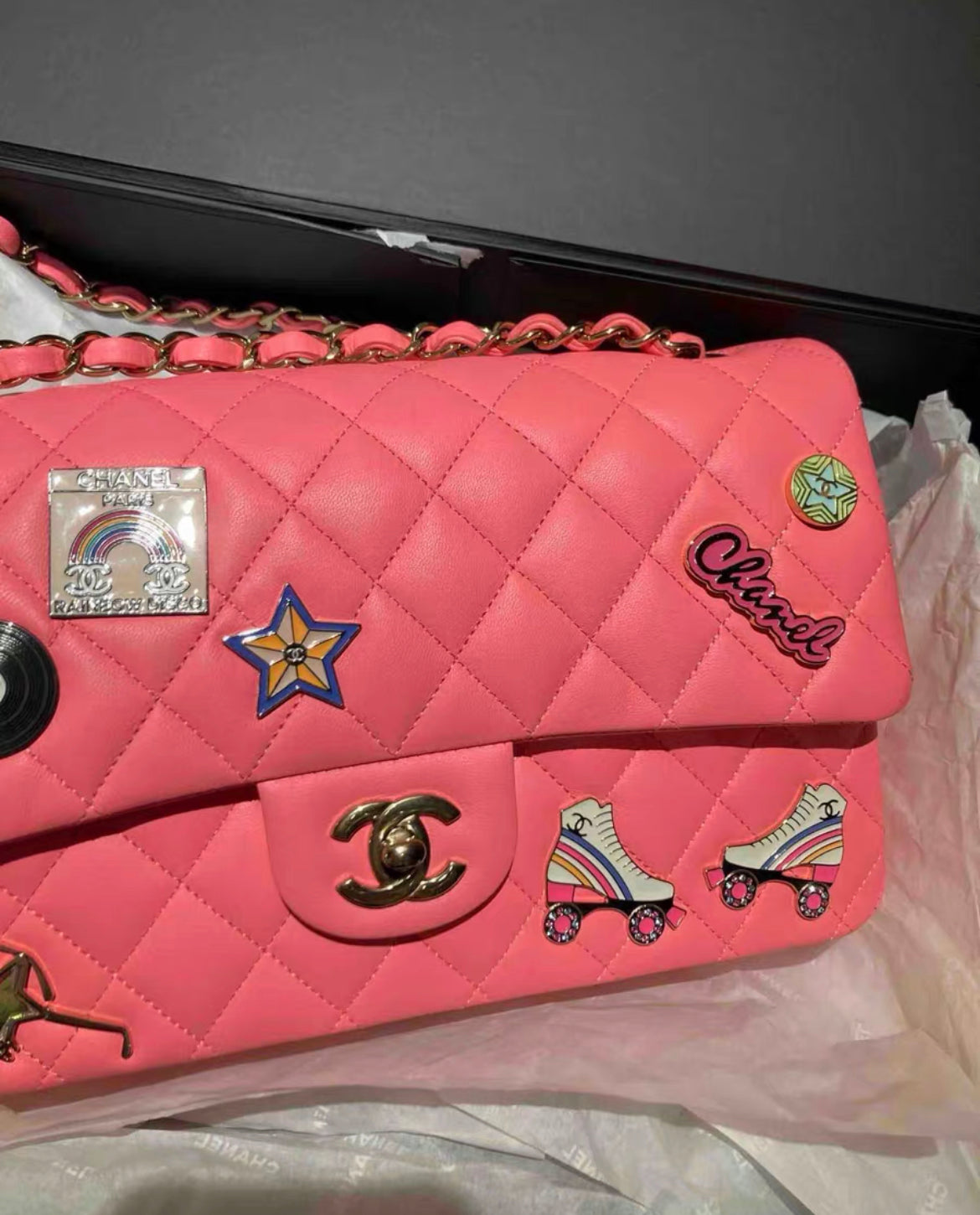 Chanel 24C Flap Bag in Pink Leather Embellished with Charms