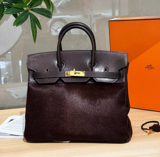 Super Rare Limited edition Hermes Birkin 32 Brown cowhide leather and horsehair leather gold hardware