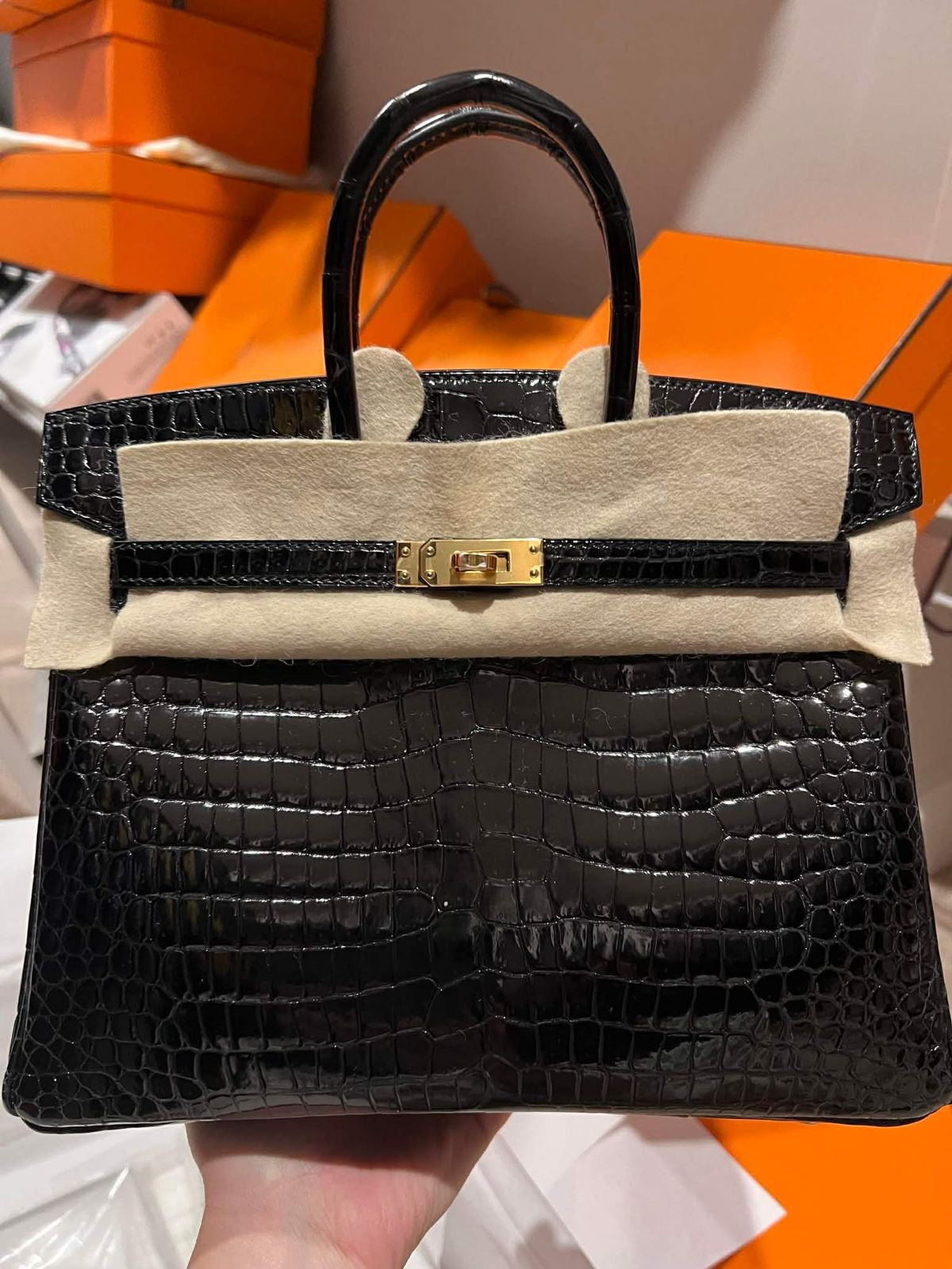 Hermes Birkin 25 Black Shiny Porosus Gold hardware