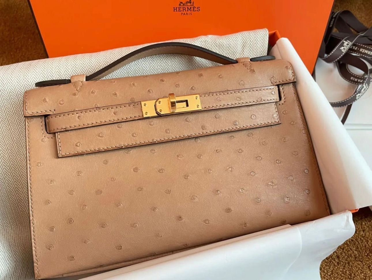 Hermes Kelly Pochette Chai Ostrich Gold Hardware