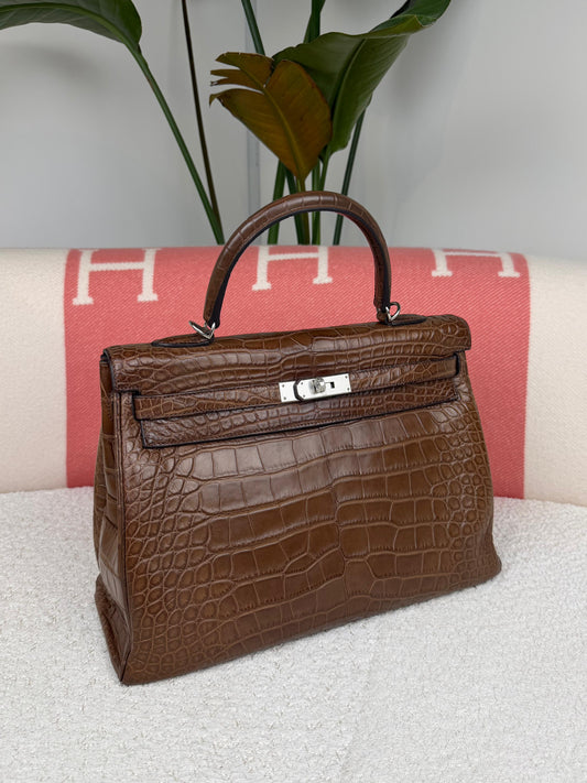 Hermes Kelly 35 Marron Matte Alligator palladium hardware