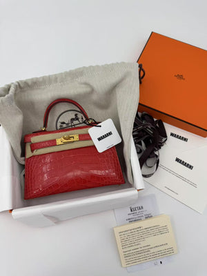 HERMÈS MINI KELLY 20 SELLIER GERANIUM ALLIGATOR GOLD HARDWARE LIMITED EDITION