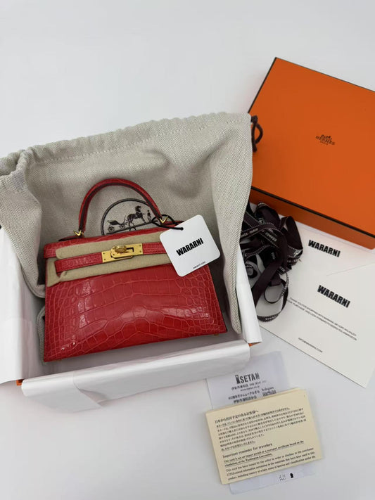 HERMÈS MINI KELLY 20 SELLIER GERANIUM ALLIGATOR GOLD HARDWARE LIMITED EDITION
