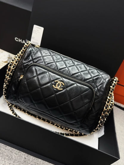 Chanel 24K Black Sheepskin Diamond Pattern Large Size Chain Bag