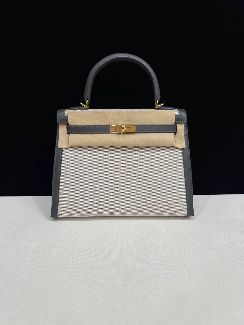 Hermes Kelly 25 Canvas/Grey swift leather gold hardware