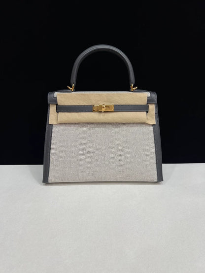 Hermes Kelly 25 Canvas/Grey swift leather gold hardware