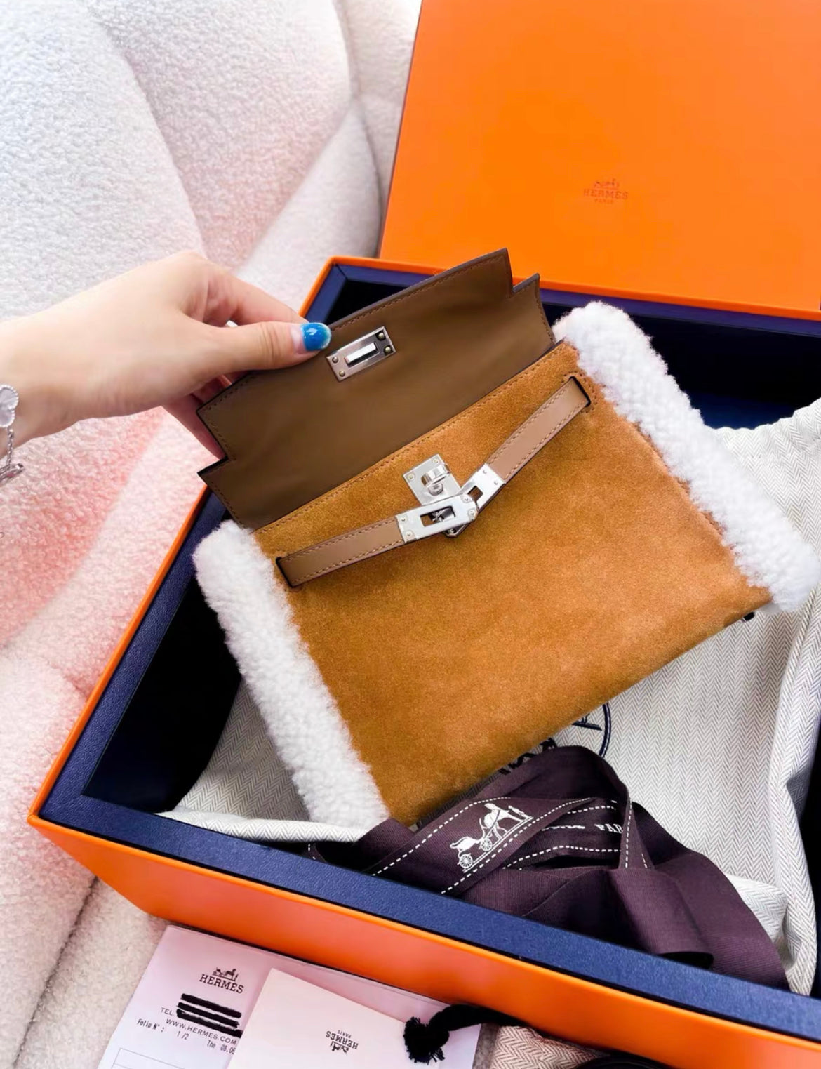 HERMÈS KELLY MINI TEDDY PLUSH SHEARLING CHAMOIS/ECRU/ALEZAN