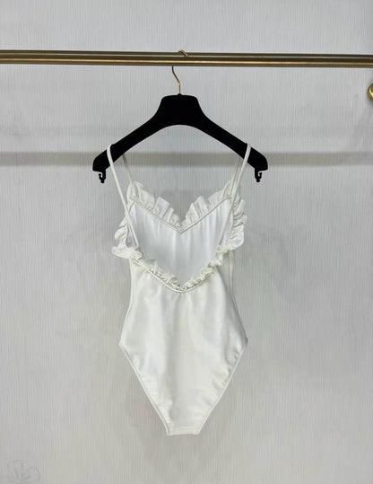 Chanel 23S White Ruffle CC Logo Swimsuit