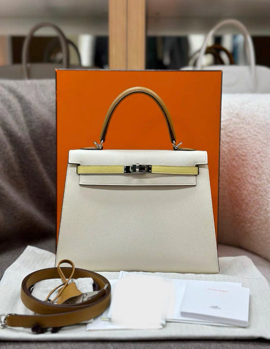 Hermès Kelly Sellier 25 Tri-Color Nata, Jaune Poussin and Sesame Epsom Palladium Hardware