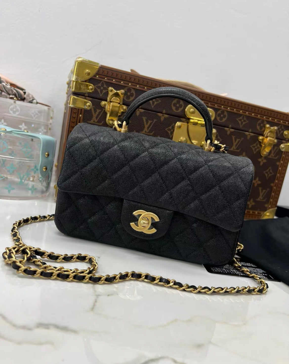 Chanel Black Caviar Quilted Mini Top Handle Rectangular Flap with Gold Hardware