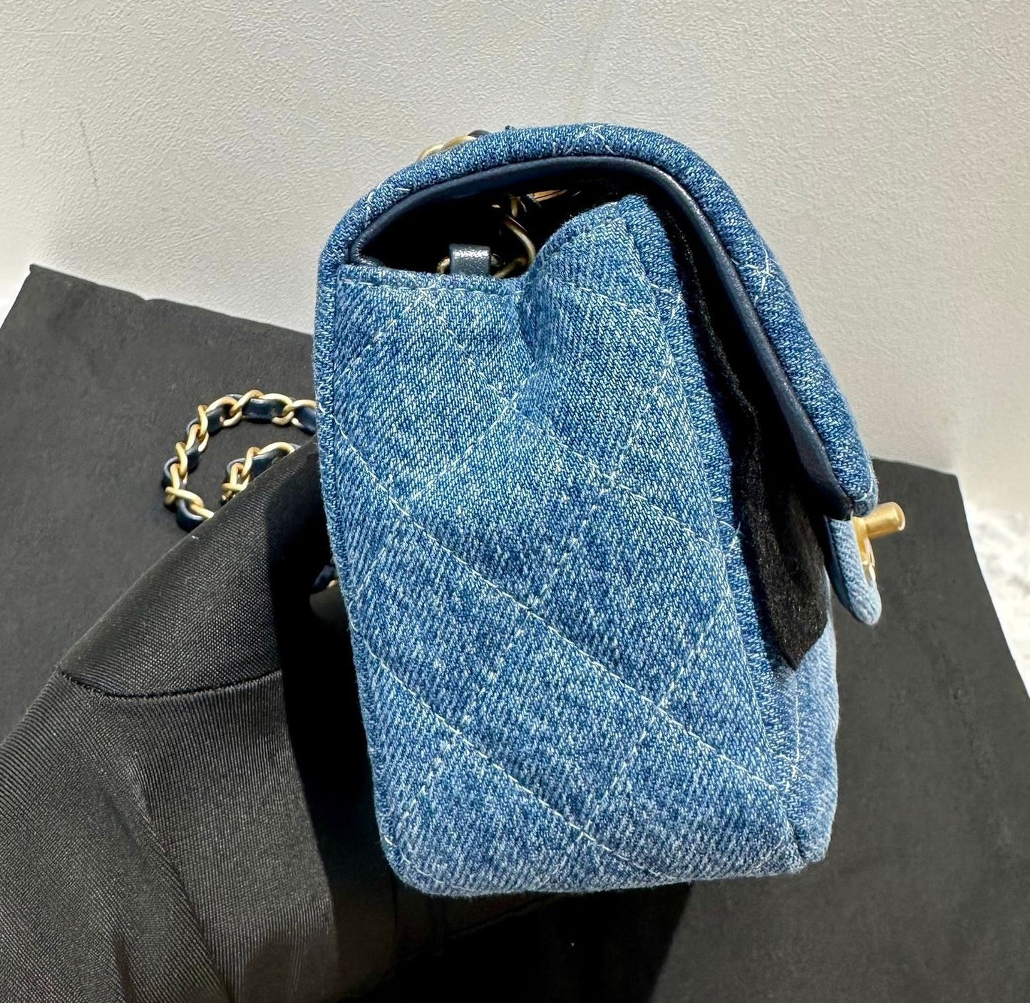 CHANEL 24 Washed Denim Quilted Mini Rectangular Flap Blue