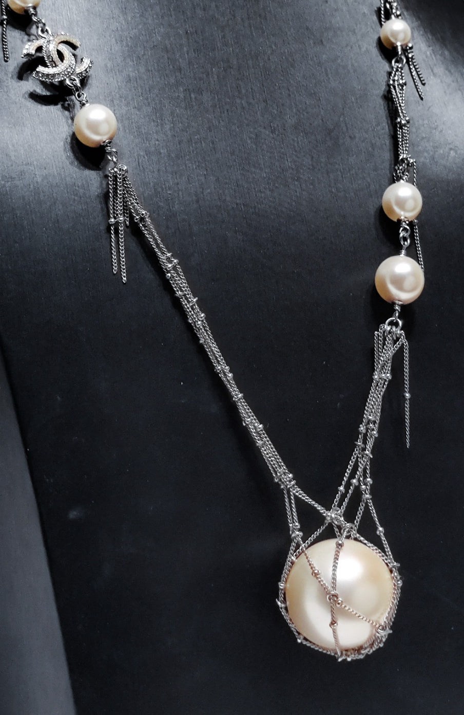 Chanel 14P Pearl and Diamond Double C Tassel Necklace