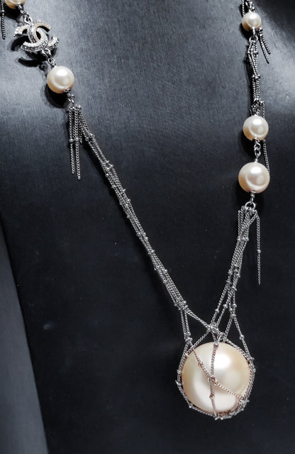 Chanel 14P Pearl and Diamond Double C Tassel Necklace