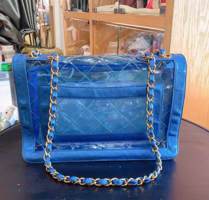 CHANEL 95P VINTAGE "BARBIE" MAXI FLAP METALLIC BLUE BAG 24K GHW CLASSIC PCI