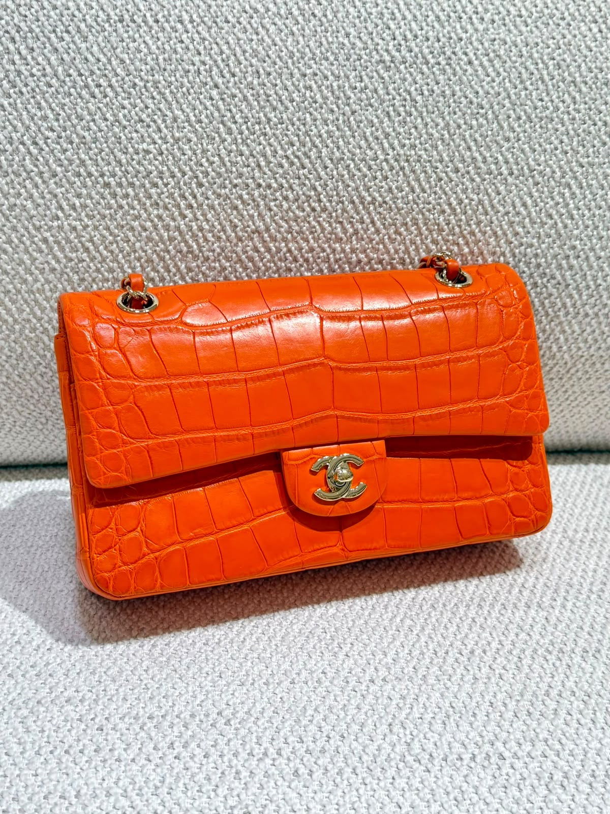 Chanel medium Orange Matt Alligator flap bag