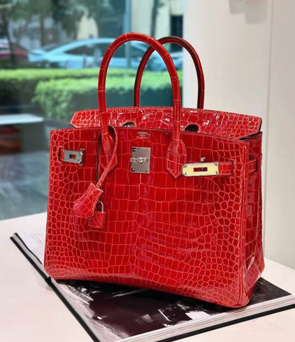 Hermes Birkin 30 Red Shiny crocodile leather Palladium hardware
