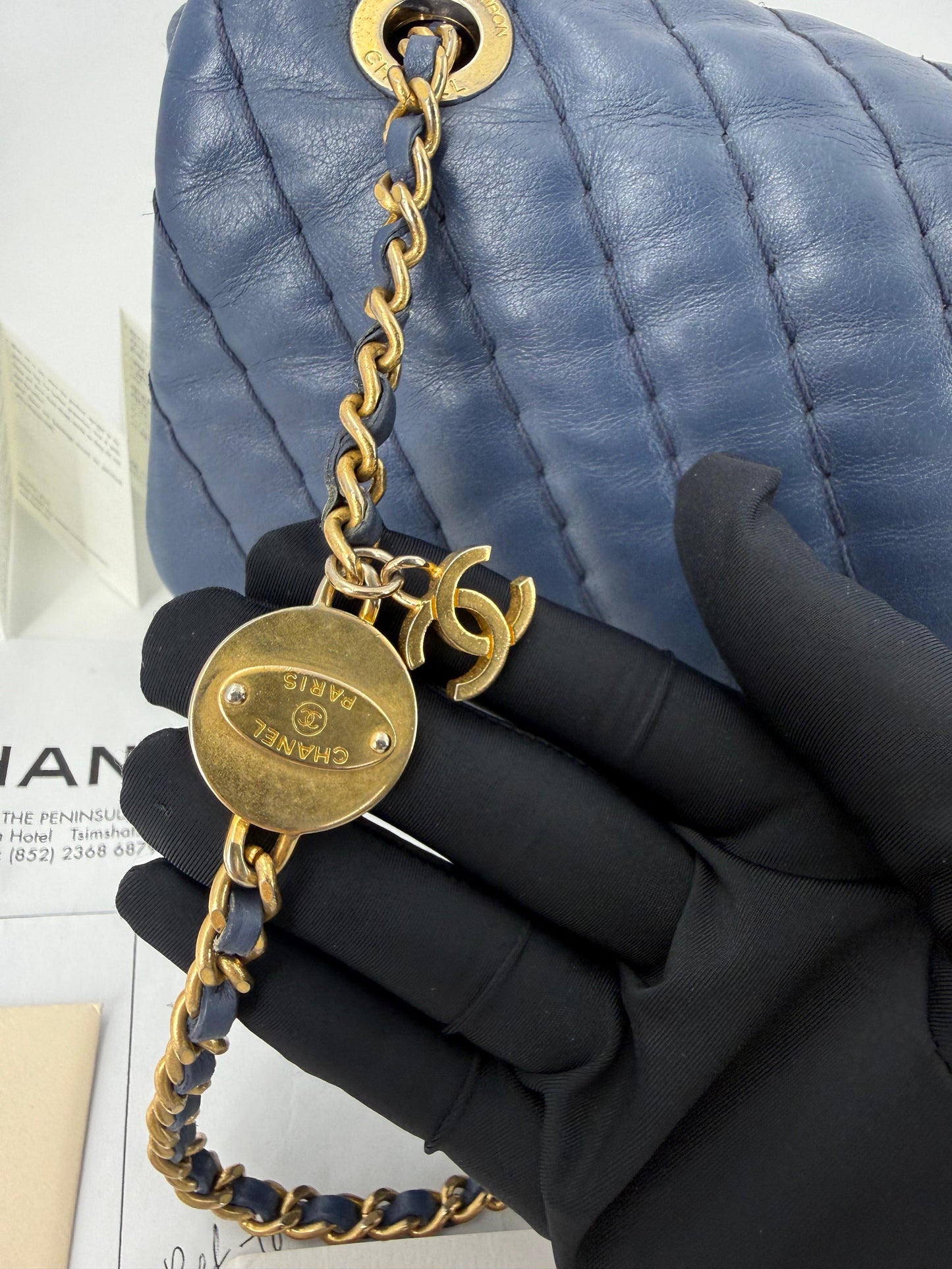 Chanel blue leather flap bag gold hardware